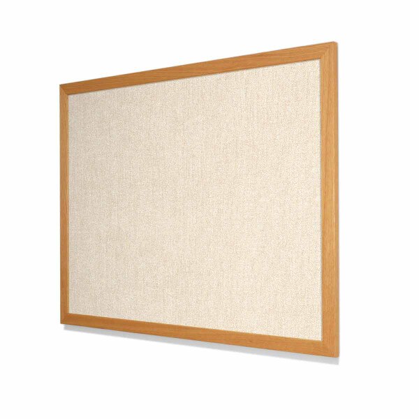 Type II Woven Vinyl Koroseal Linden II Latte Cork Board with Red Oak Frame
